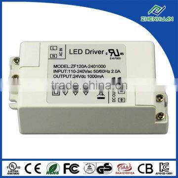 Single Output 24W Led Transformer 24V 1000mA Led Driver Plastic Case