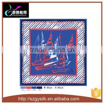 ocean style sailing boat pattern print twill 100%silk scarf wholesale china