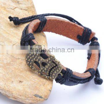 Genuine Leather Bracelet Adjustable with Antique Brass Skull Accessory.