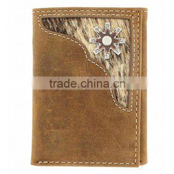 Rodeo Mens Hair On Hide Western Trifold Wallets Spur Rowel Conchos Brown