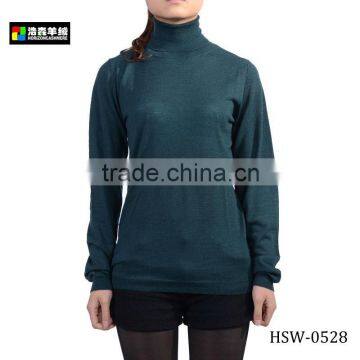 Woman High Neck Thin Wool Sweater, Atrovirens Plain Ladies Wool Sweater