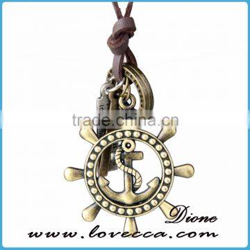Wholesale Bronze Tone Anchor Pendant Necklace Brown Adjustable Vintage Leather Cord Necklace photo-5
