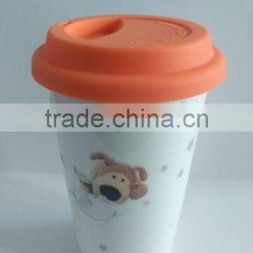 Factory direct ceramic porcelain double wall mug with silicone lid for wholesale