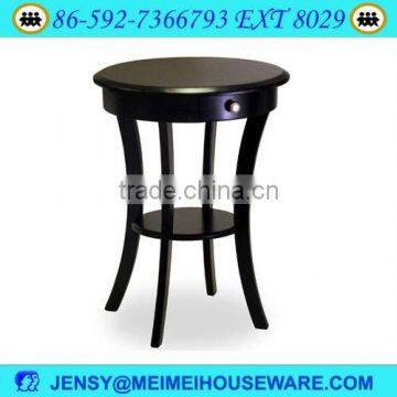 Round wooden coffee table with shelf