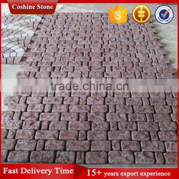 Red Colored Tumble Mesh Back Granite Cobblestone Paver Stone