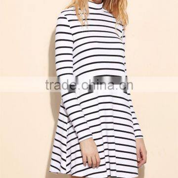 European Style Spring Dress High Neck Long Sleeve A Line Knit White Striped Swing Dress Women Clothing