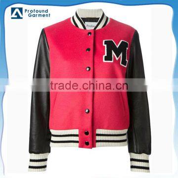 women custom PU leather sleeve wool baseball bomber jacket custom logo