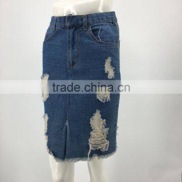 Women OEM latest distressed wrap denim long skirt