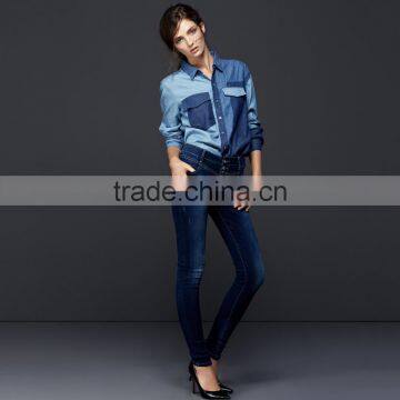 Hot Sale Women Denim Shirt With Pocket and Block Fashion Design Hot Sale photo-6