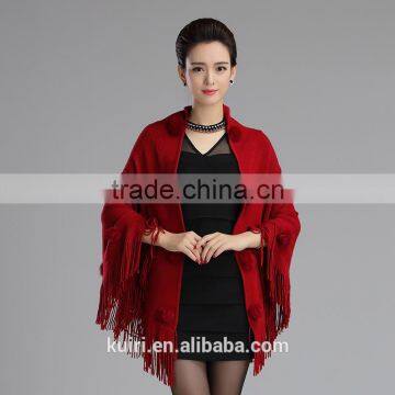 High Quality Beige Female Cashmere Shawl Rabbit Fur Pashmina Triangle Scarf Tassels Wrap photo-4