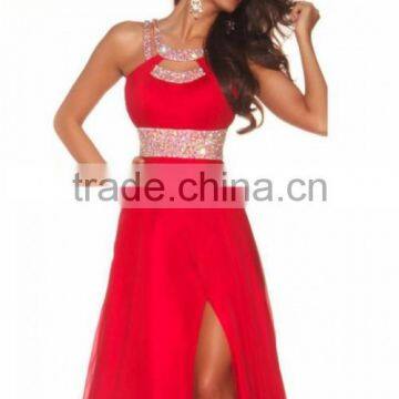 2015 New Arrival Prom Dresses A Line Scoop Sweep/Brush Train Chiffon Red Evening Dresses With Slit photo-3