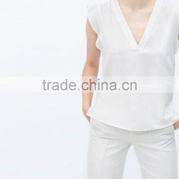 Fashion Ruffles Sleeves Women V Neck White Tank Tops Blank Chiffon Shirt