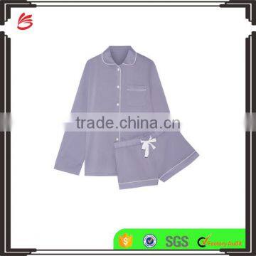 High Quality Soft Shirt and Shorts Pajamas Set with Buttons Fastening and Ribbon through Waist