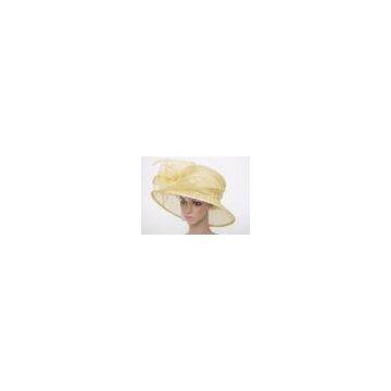 12cm Brim Light Yellow Women Church Hats , Sinamay Fascinators With Feather For Party