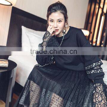 B22679A Korea Women Lace Stitching Nail Bead Blouse Hoodies photo-3