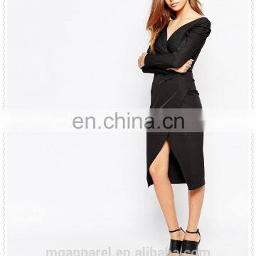 Fashion Women Cheap Sexy Long Sleeve V-neckline Frill Shoulder Pencil Skirt Midi Dress photo-5