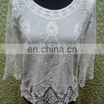 2016 Latest Cotton embroidery white lace blouse