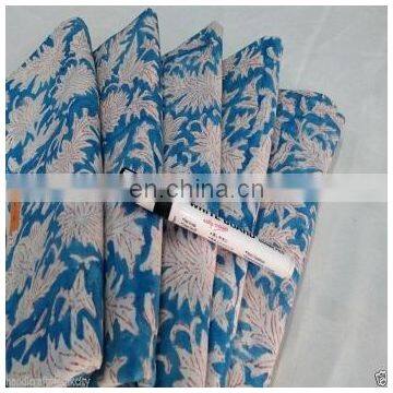 5 Yard hand printed Fabric Cotton Cambric fabric Natural Blue leaf Dress