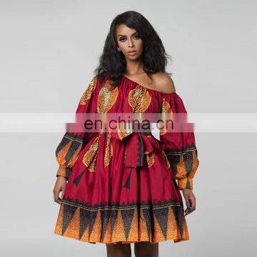 Wholesale Chiffon Long Lantern Sleeves Asymmetrical Neckline Women African Printed Casual Dresses photo-4