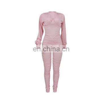 Casual Women Long Sleeves Back Zippers Bodysuit Skinny Raised Lines Pattern Outdoor Wear Stacked Jumpsuits photo-5