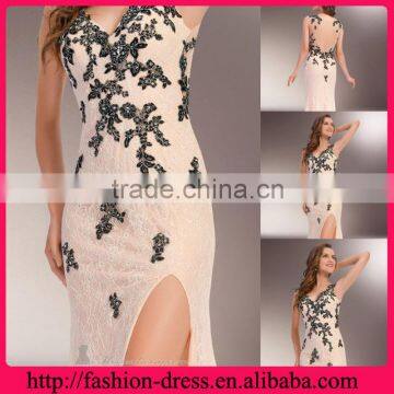 Fashional V-line Neckline and Spheghate Straps with Beaded Appliques Shealth Over Lace Elegant Light pink Evening Dresses