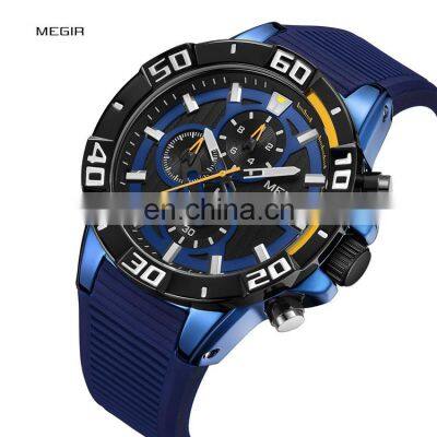 MEGIR 2121 Men Current Original Quartz Watches Silicone Strap Analog Calendar Stopwatch Man Sport Wrist Watch