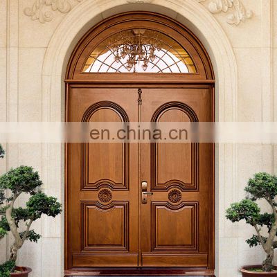 Exterior home double leaf wooden front entry doors american modern round arch top teak solid wood main front doors for houses