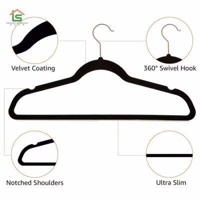 BSCI Certificate Wholesale Black Color Flocking Felt Hangers for Clothes Trousers Velvet Hanger photo-4
