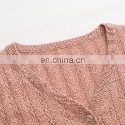Custom Autumn Solid Color Rib Knitting Cashmere Cardigan Sweater V-Neck Casual Style With Button Decoration Knitwear Factory photo-3