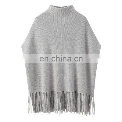 Wholesale Luxury 100% Cashmere Poncho Spring Autumn Solid Knitted Tassels Sweater with Turtleneck Streetwear Style Front Logo