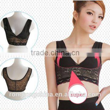 Women's Mesh Lace Trim Underwired Wide Strap Push Up Bra Chest Back Support photo-2