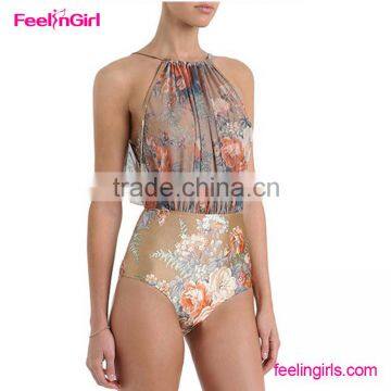 Halter high waist nude ruffled bikini swimwear