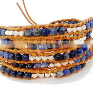 Blue Lapis Wrap Bracelet on Natural brown Leather with Silver tone nugget beads