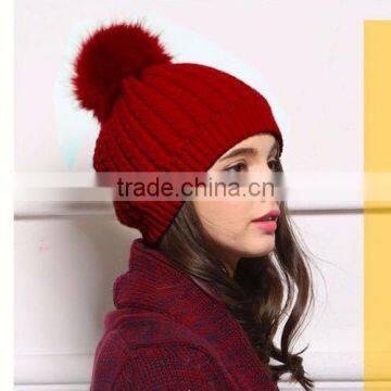 Newest Designs High Quality Knitted Wool Beanie with Fox Fur Pom poms For Sexy Gilrs