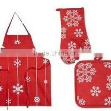 christmas design red backgroung &white snow kitchen sets with bib apron mittens holder tea towel