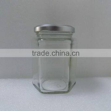 300ml clear hexagon glass honey jar with metal cap