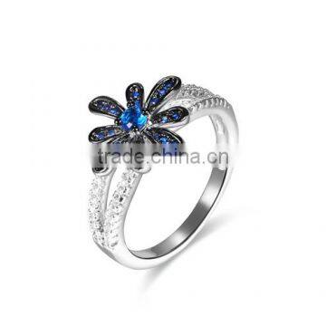 925 Sterling Silver Blue Saphire Daisy Flower Jewelry Set With Pendant Ring and Ear Studs photo-4