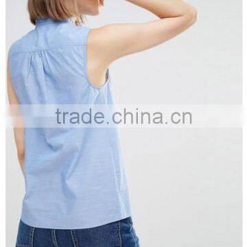 100% Cotton Ruffle Details Neck Sleevelss 2016 Summer Designer Blouses Pictures Wholesale