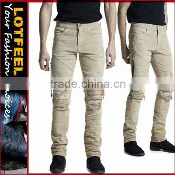 Beige distress biker denim jeans destoryed bike man jeans (LOTNEW003)