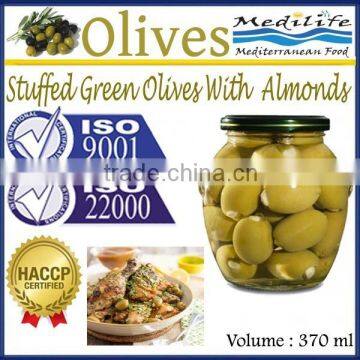 Stuffed Green Olives with Almonds, Premium Quality Tunisian Olives, Table Olives. 370 ml Glass Jar