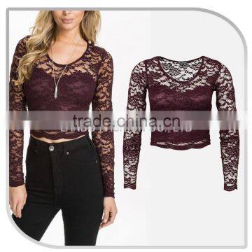 Sexy Women Red Wine Color With Sweet Heart Long Sleeve Lace Tops