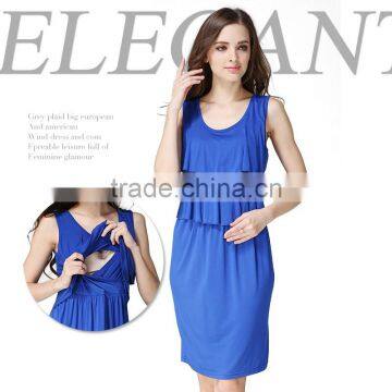 Pleated Jewelry Blue Hide Breastfeeding Opening Maternity Dress for Pregnant Women