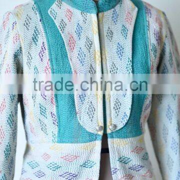 Vintage Kantha Jacket in Cream & Green Color ~ Extra Large photo-4