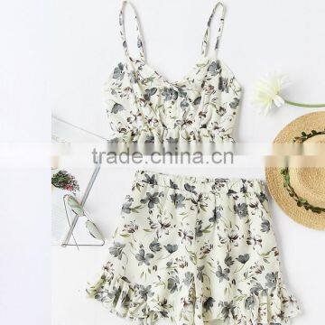 BEST SALE Sexy Floral Print Pleated Cami Tops With Shorts Women Suit photo-5