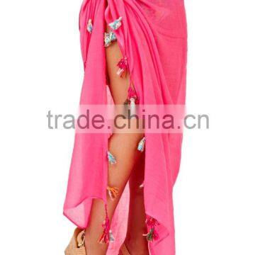 Tassels Border Hem Sarong pareo beach scarf long scarves ethnic cotton solid color beachwear woman fringes sarong beach coverups