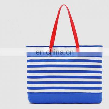 Fashionable lady blue white stripes shoulder bag canvas beach tote bag