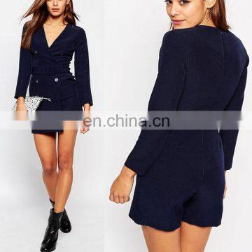 Custom double breasted wrap romper long sleeves plain dyed ladies jumpsuits