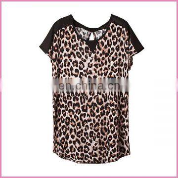 chiffon shoulders patched leopard printed elastic fabric short sleeves lady blouse