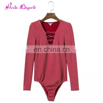 Big Stock dark red knitting long sleeves women sexy jumpsuits rompers