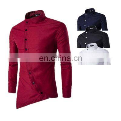 Wholesale custom men's oblique placket irregular asymmetric small stand-up collar long-sleeved shirt